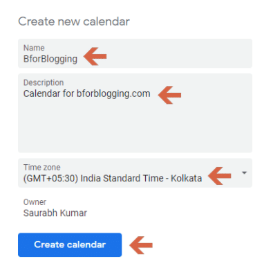 Enter Details To Create A New Google Calendar